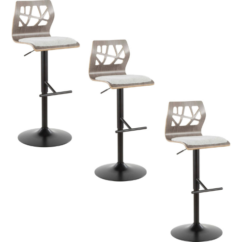 Folia Adjustable Swivel Bar Stool in Black Metal, Light Grey Wood & Light Grey Fabric (Set of 3)